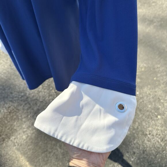 Susan Graver Liquid Knit Top Size L Blue Off White Contrast Cuff Flowy Stretch - Picture 4 of 13